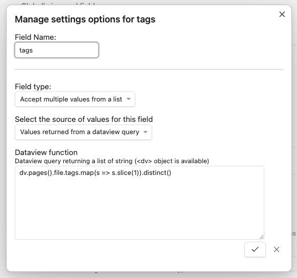 Use Metadata Menu and Dataview to tag your notes from a selection of
